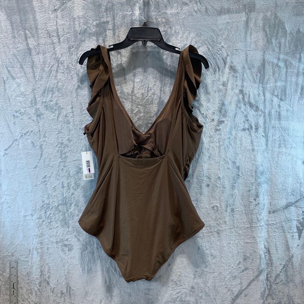 DKNY Womens Brown Ruffle V-Neck Ruched One Piece Swimsuit XXL DIMMS731 - Picture 2 of 7